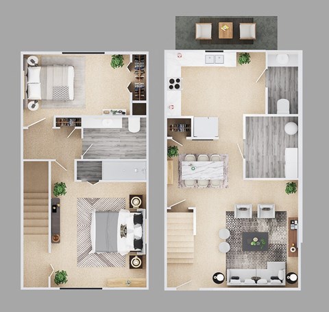 2-bedroom townhouse floor plan.